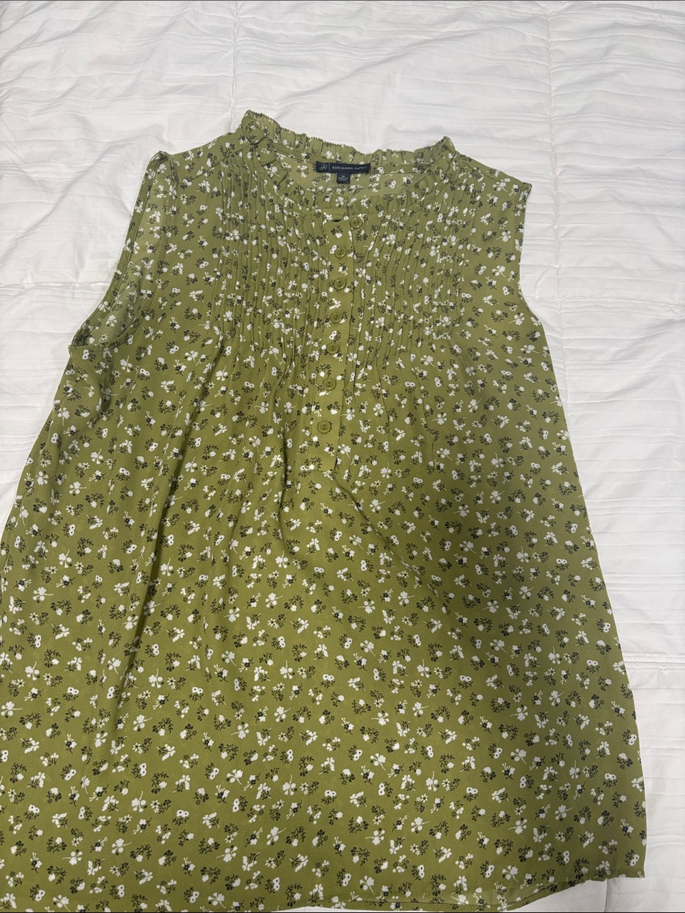 Adrianna Papell Olive Green Floral Pintuck Sleeveless Camisole